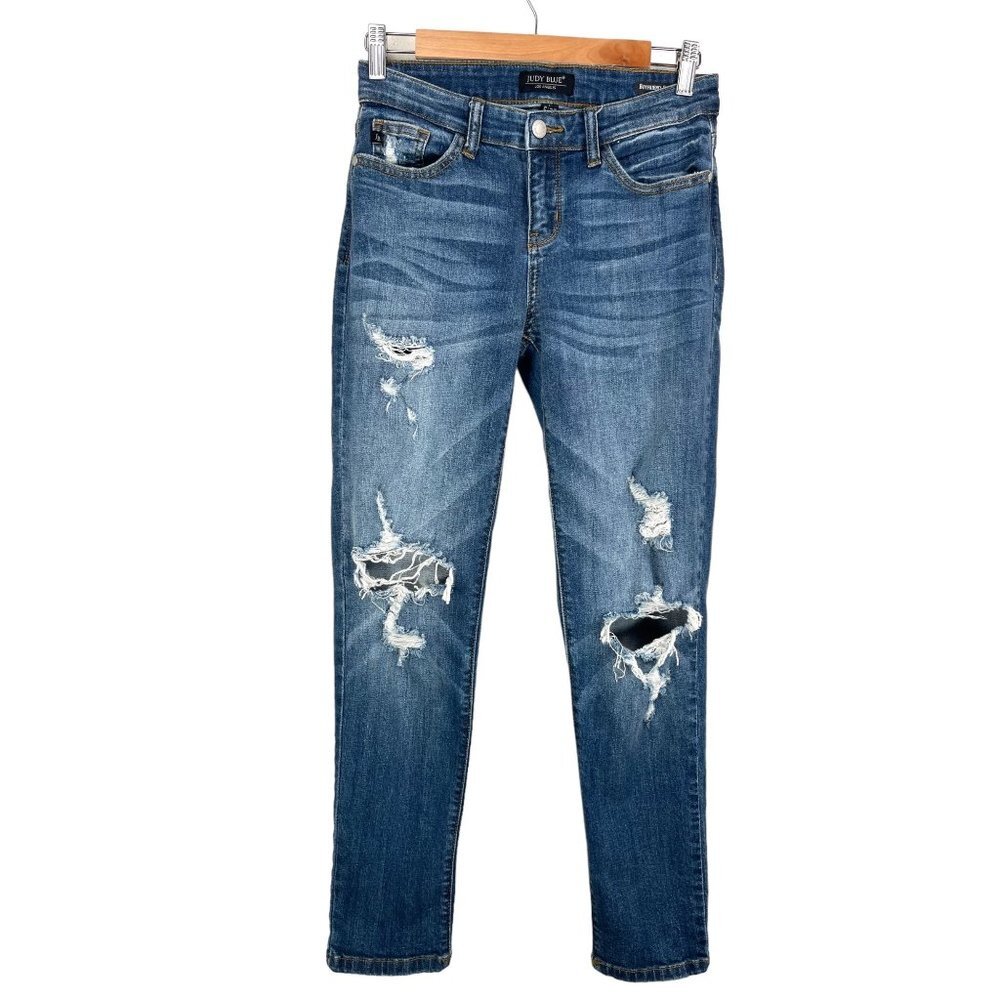 Judy Blue Boyfriend Fit dark wash‎ distressed jeans sz 27